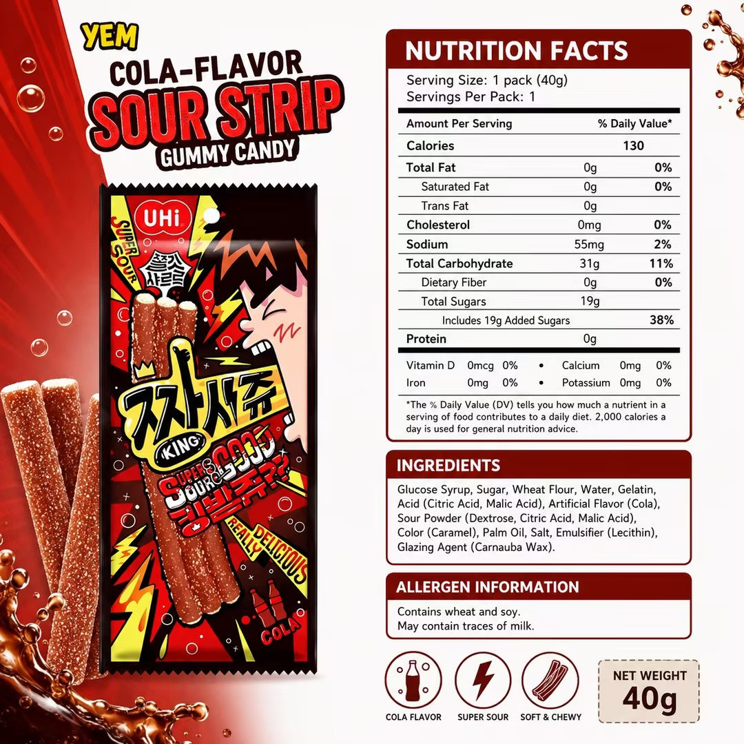 YEM Cola‑Flavor Sour Strip Gummy Candy 40g cola‑flavor sour chewy snacks