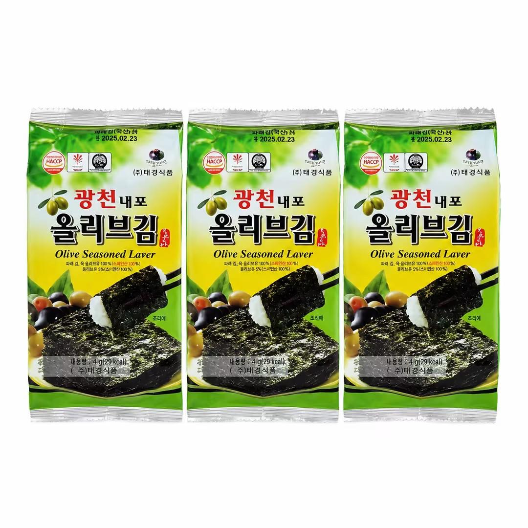 TAEKYUNG Olive Oil Seasoned Laver 4g*3pcs | Rich olive oil aroma, thin crisp texture, mild savory seaweed taste