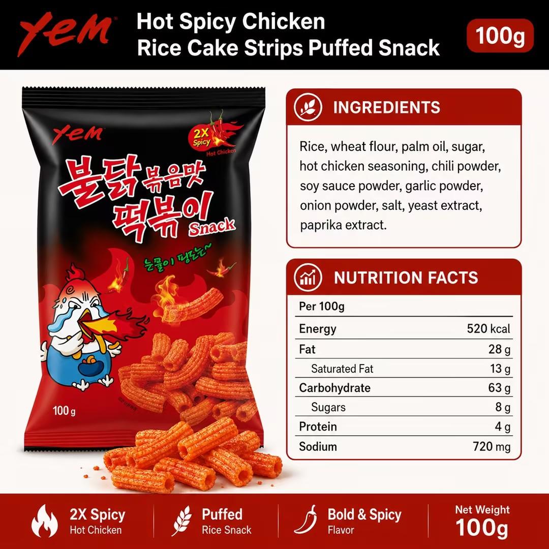 YEM Hot Spicy Chicken Rice Cake Strips Puffed Snack 100g | Bold spicy taste, crisp puffed texture, slender strip shape