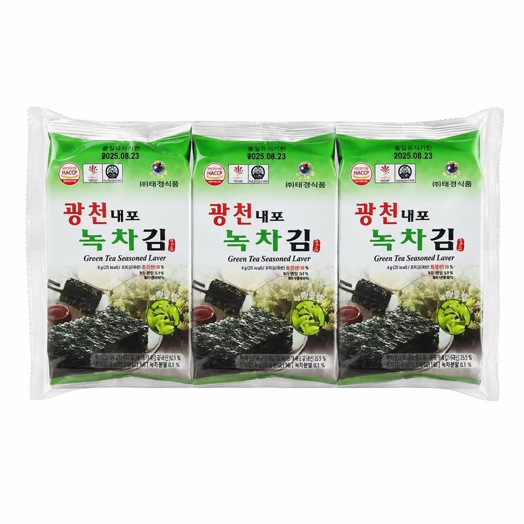 TAEKYUNG Green Tea Seasoned Laver 4g*3pcs | Mild fresh green tea aroma, thin crisp texture, light savory seaweed taste