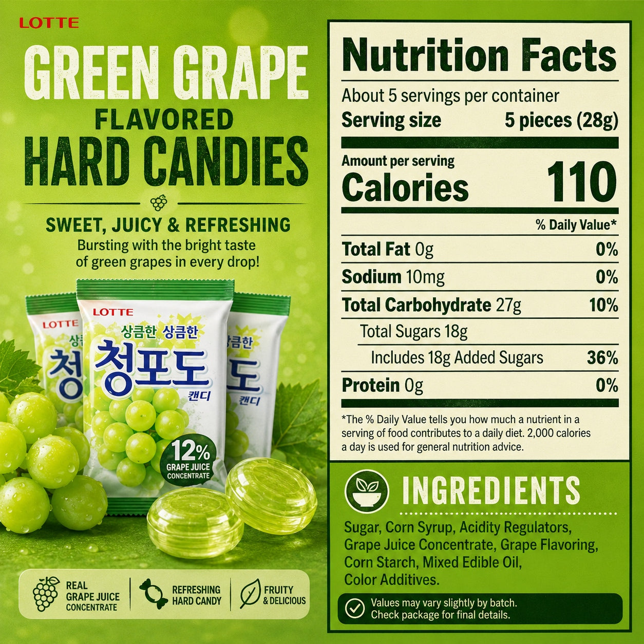 Lotte Green Grape Flavored Hard Candies 153g | Rich Green Grape Flavor, Sweet Taste, Convenient Snack
