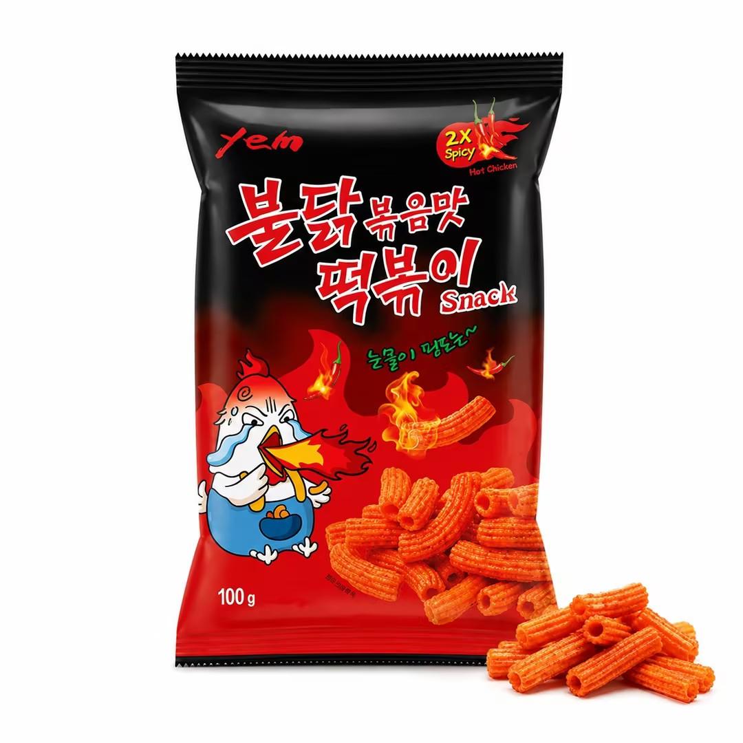YEM Hot Spicy Chicken Rice Cake Strips Puffed Snack 100g | Bold spicy taste, crisp puffed texture, slender strip shape