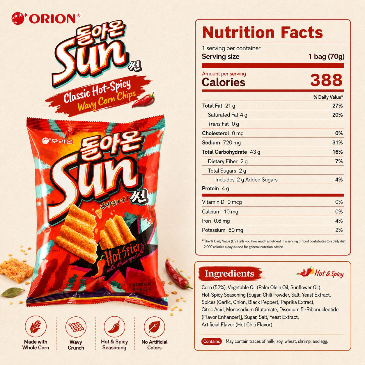 ORION Wavy Corn Chips Classic Hot‑Spicy Flavor 70gxxxxx