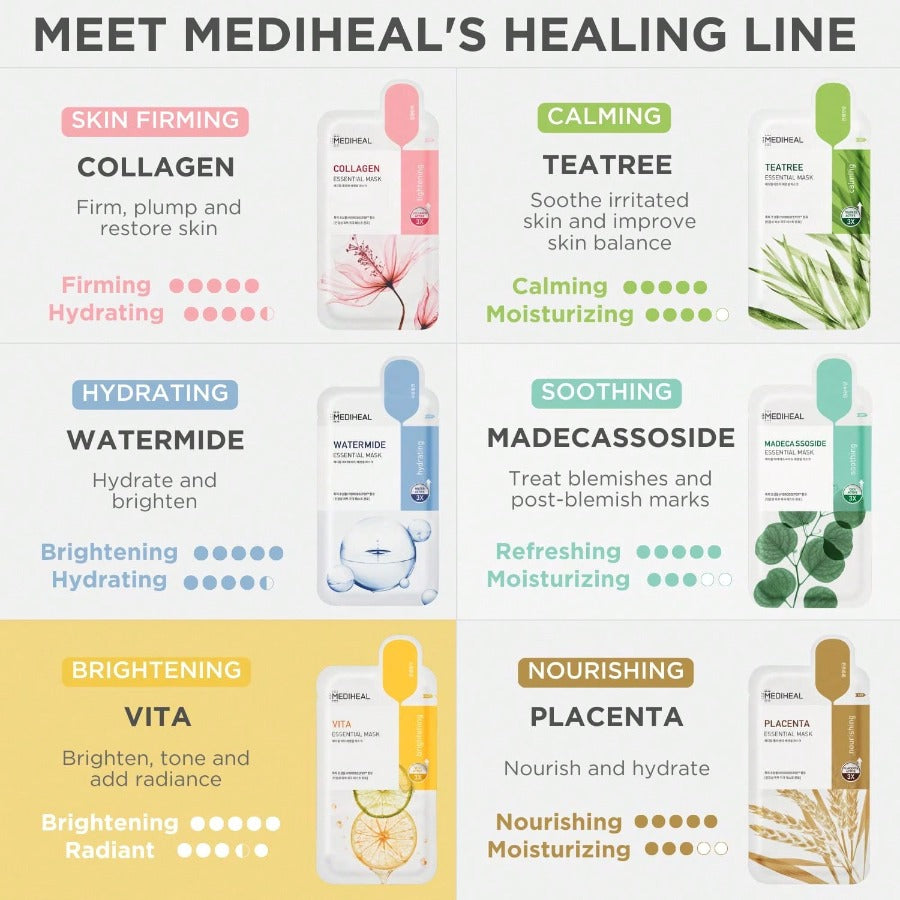 MEDIHEAL Best Korean Sheet Mask - Vita Essential Face Mask 10 Sheets Vitamin Mask For All Skin Types Smoothing Tightening Toning Up Brightening