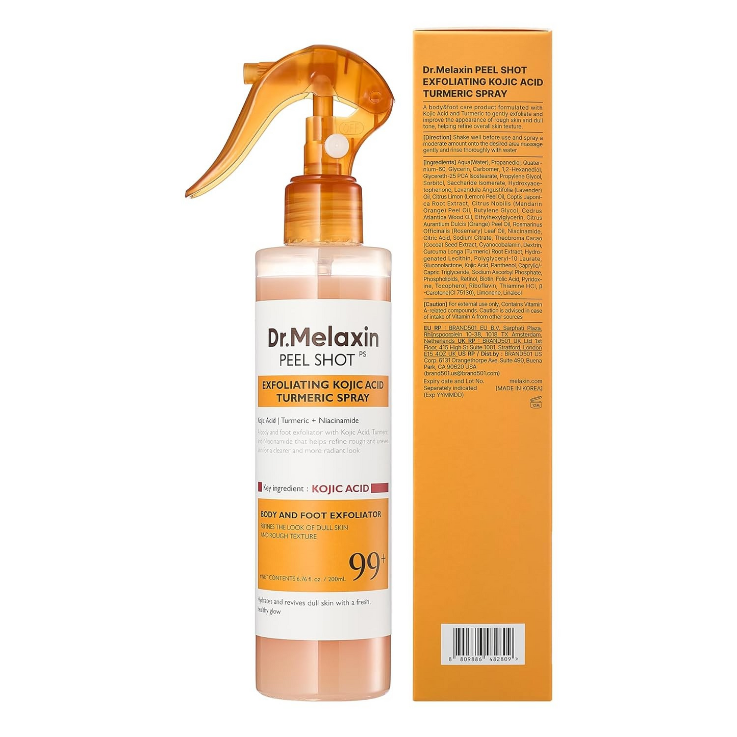 Dr.Melaxin Peel Shot Kojic Acid Turmeric Body Exfoliator Spray 200ml/6.76 fl.oz - AHA PHA Niacinamide Body Scrub for KP Bumps, Dark Spots, Uneven Skin Tone, Dead Skin, Korean Skin Care