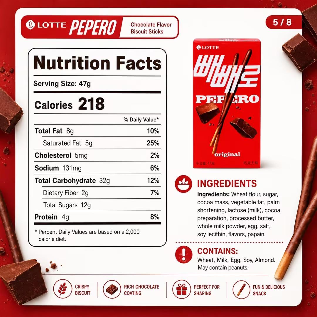 Lotte Pepero Chocolate Flavor Biscuit Sticks 47g | Crispy biscuit sticks coated with smooth chocolate, rich chocolate taste