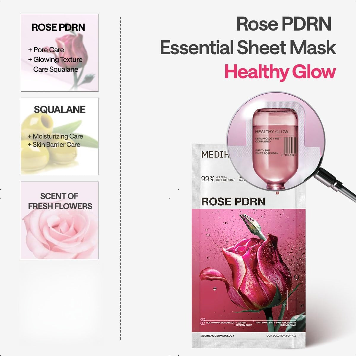 Mediheal Rose PDRN Essential Sheet Mask 11 Pcs. 99% Pure White Rose PDRN & Hyaluronic Acid for Hydrating, Firming, and Enhancing Moisture Barrier, Skin Firmness, and Glow