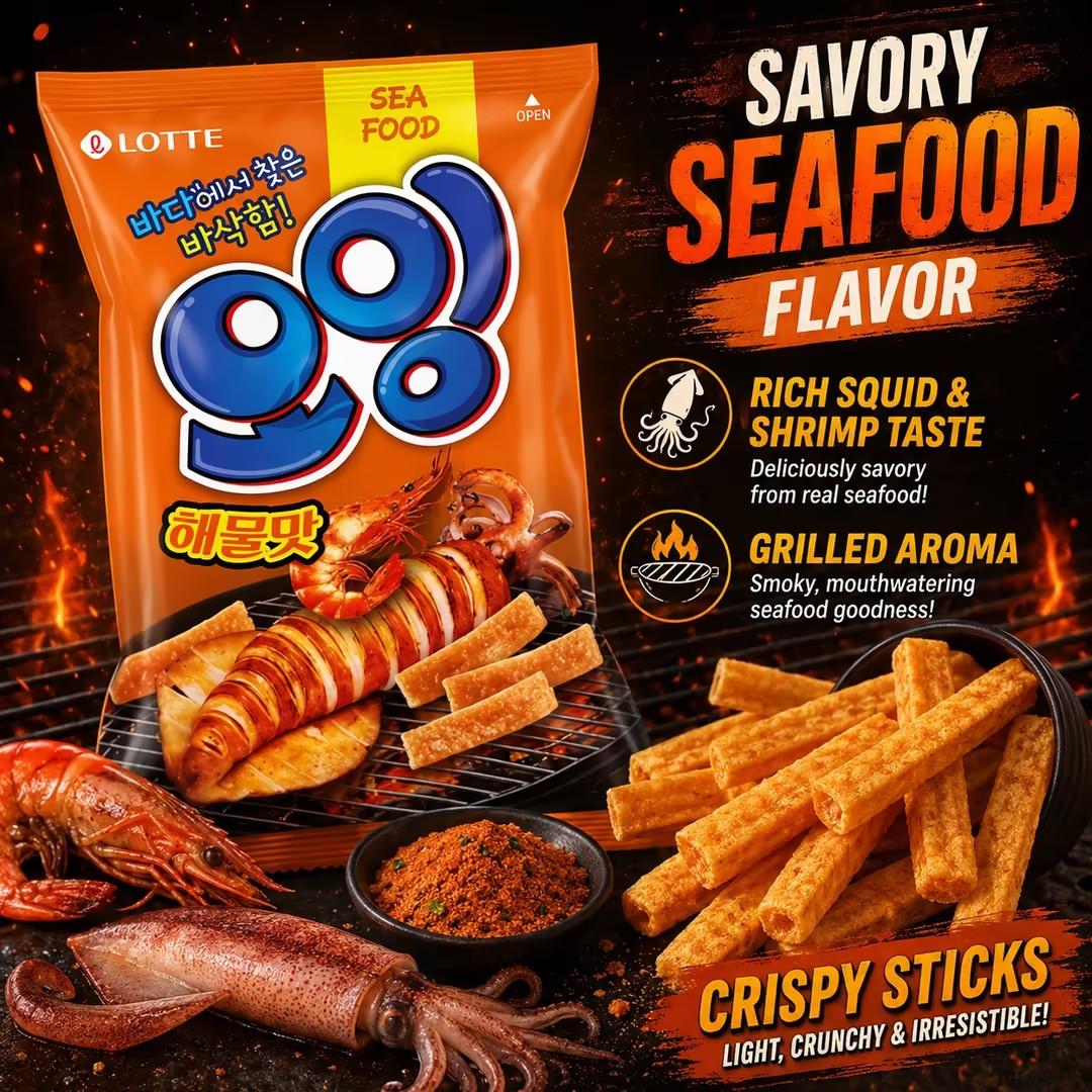 Lotte Squid‑Shrimp Crisp Sticks 75g  Crispy puffed snack with rich umami seafood flavour