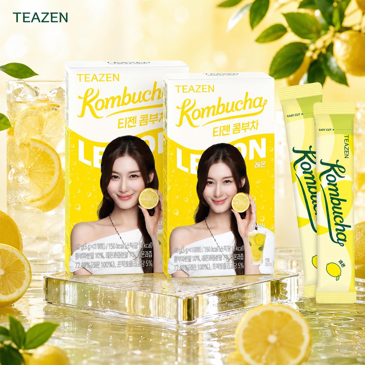 Teazen Lemon Kombucha Zero Sugar Probiotic Tea 10 Sticks Each 2 Boxes