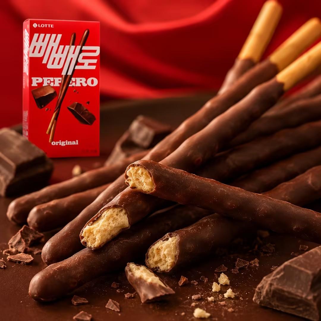 Lotte Pepero Chocolate Flavor Biscuit Sticks 47g | Crispy biscuit sticks coated with smooth chocolate, rich chocolate taste