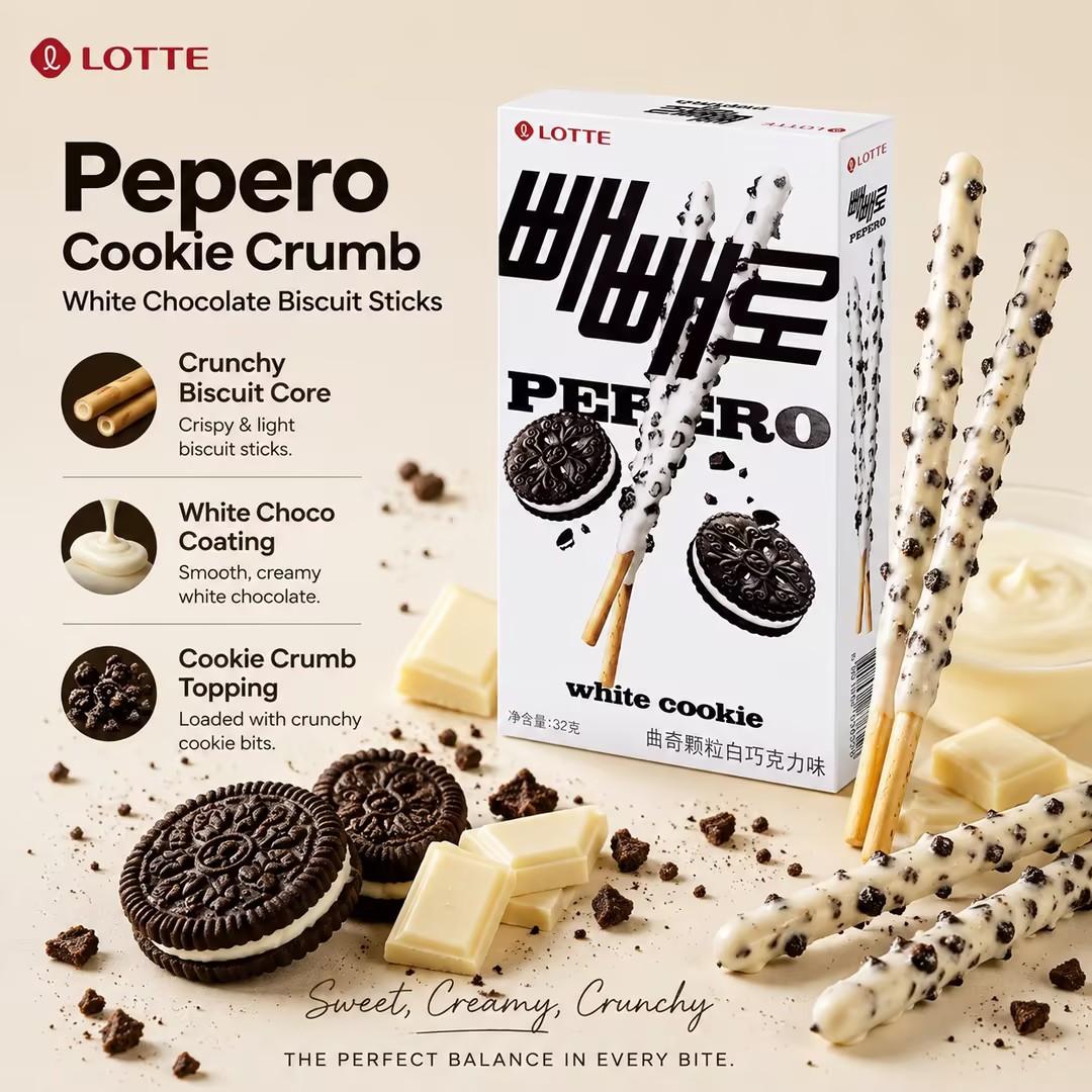 Lotte Pepero Cookie Crumb White Chocolate Biscuit Sticks 32g