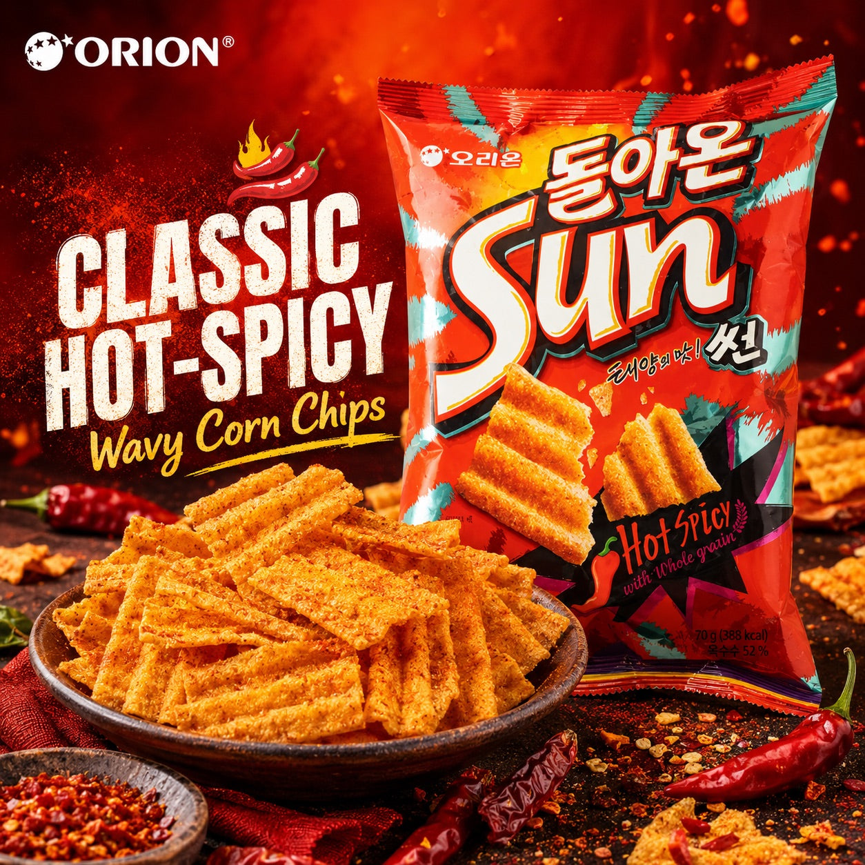 ORION Wavy Corn Chips Classic Hot‑Spicy Flavor 70gxxxxx