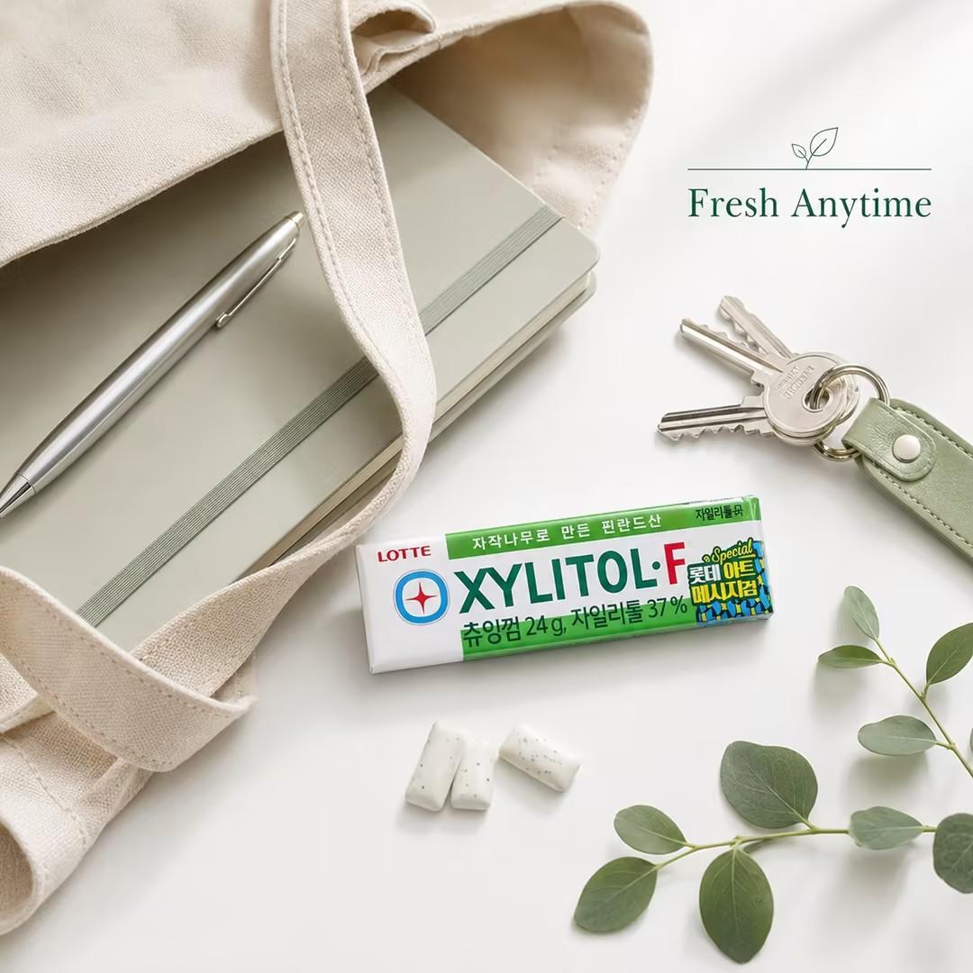 Lotte Green Xylitol Chewing Gum 24g Cool mint taste, xylitol composition, delivers fresh‑breath feeling