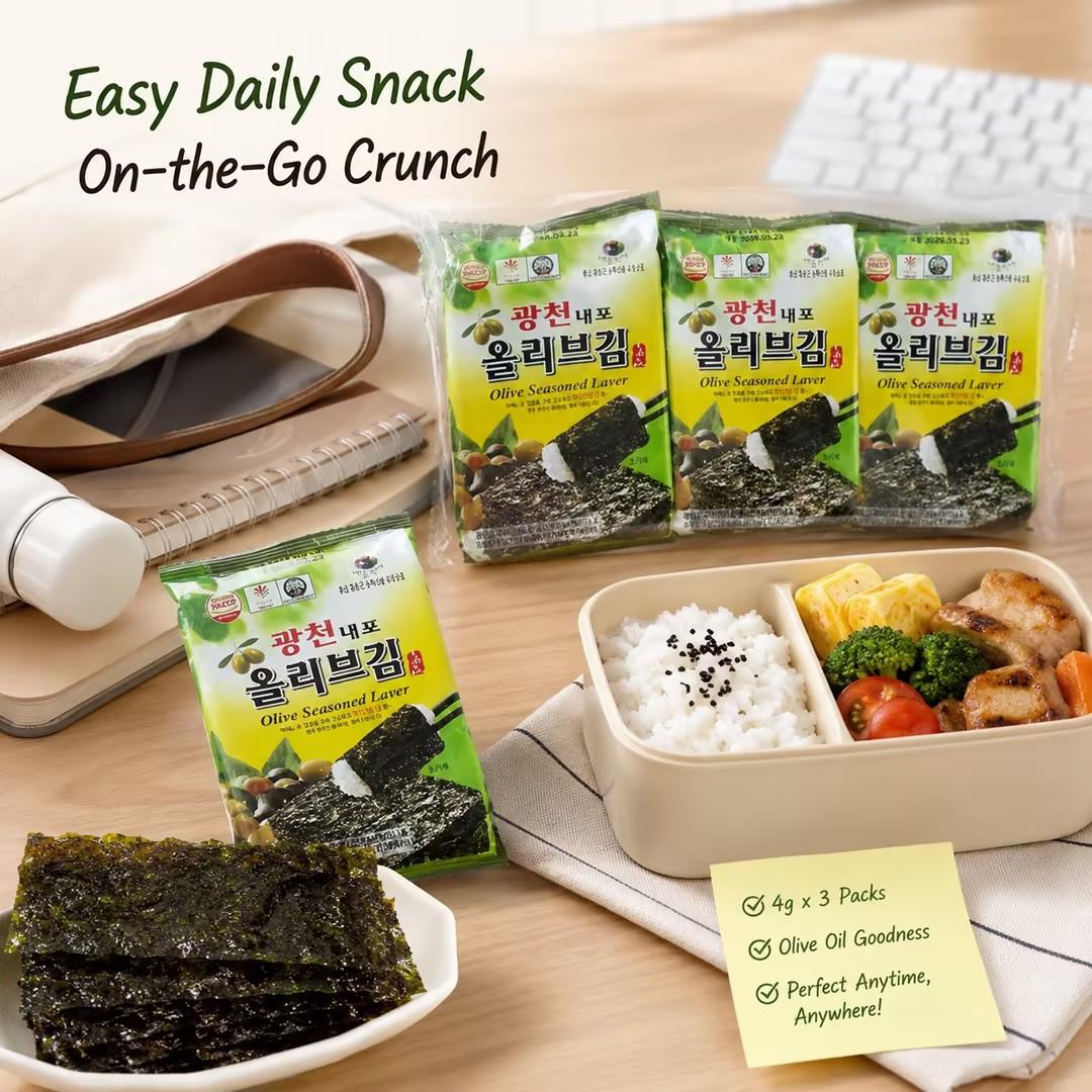 TAEKYUNG Olive Oil Seasoned Laver 4g*3pcs | Rich olive oil aroma, thin crisp texture, mild savory seaweed taste