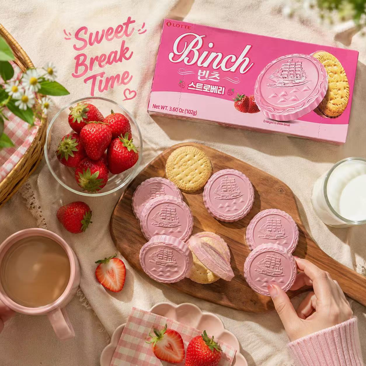 Lotte Binch Strawberry Compound Chocolate Biscuits 102g | Silky Strawberry Coating, Crispy Buttery Biscuit, Individually Packed