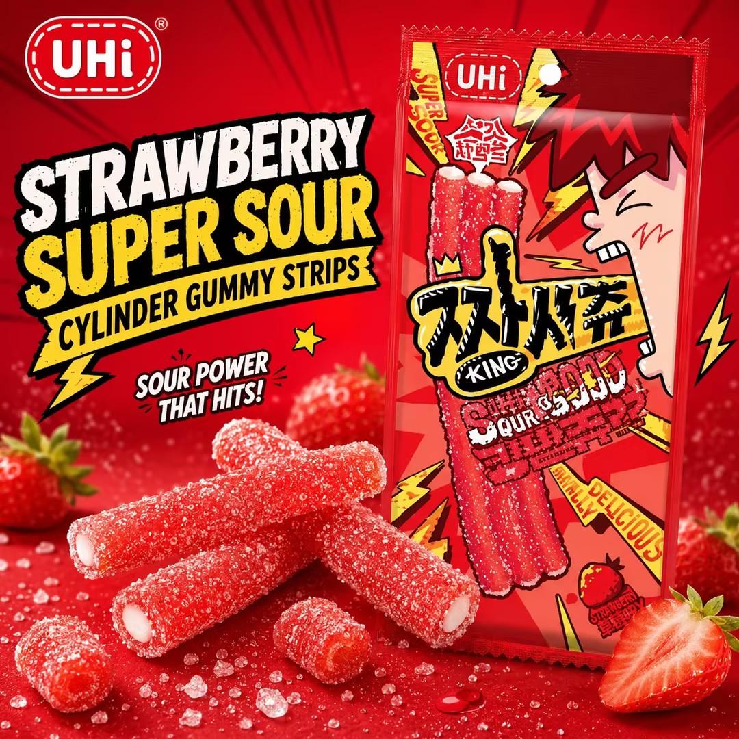 YEM Strawberry Sour Strip Gummy Candy 2pcs | Sour-sweet strawberry flavor, chewy texture, sour sugar outer coating
