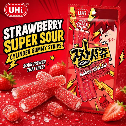YEM Strawberry Sour Strip Gummy Candy 2pcs | Sour-sweet strawberry flavor, chewy texture, sour sugar outer coating