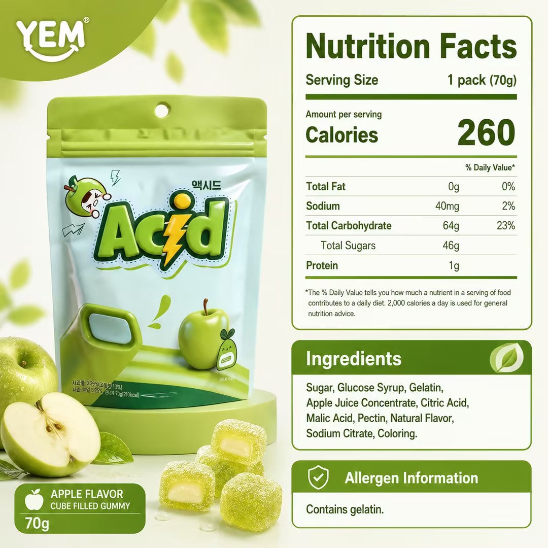 YEM 可乐味长条糖60g+柠檬味长条糖60g+苹果味立方体填充软糖70g