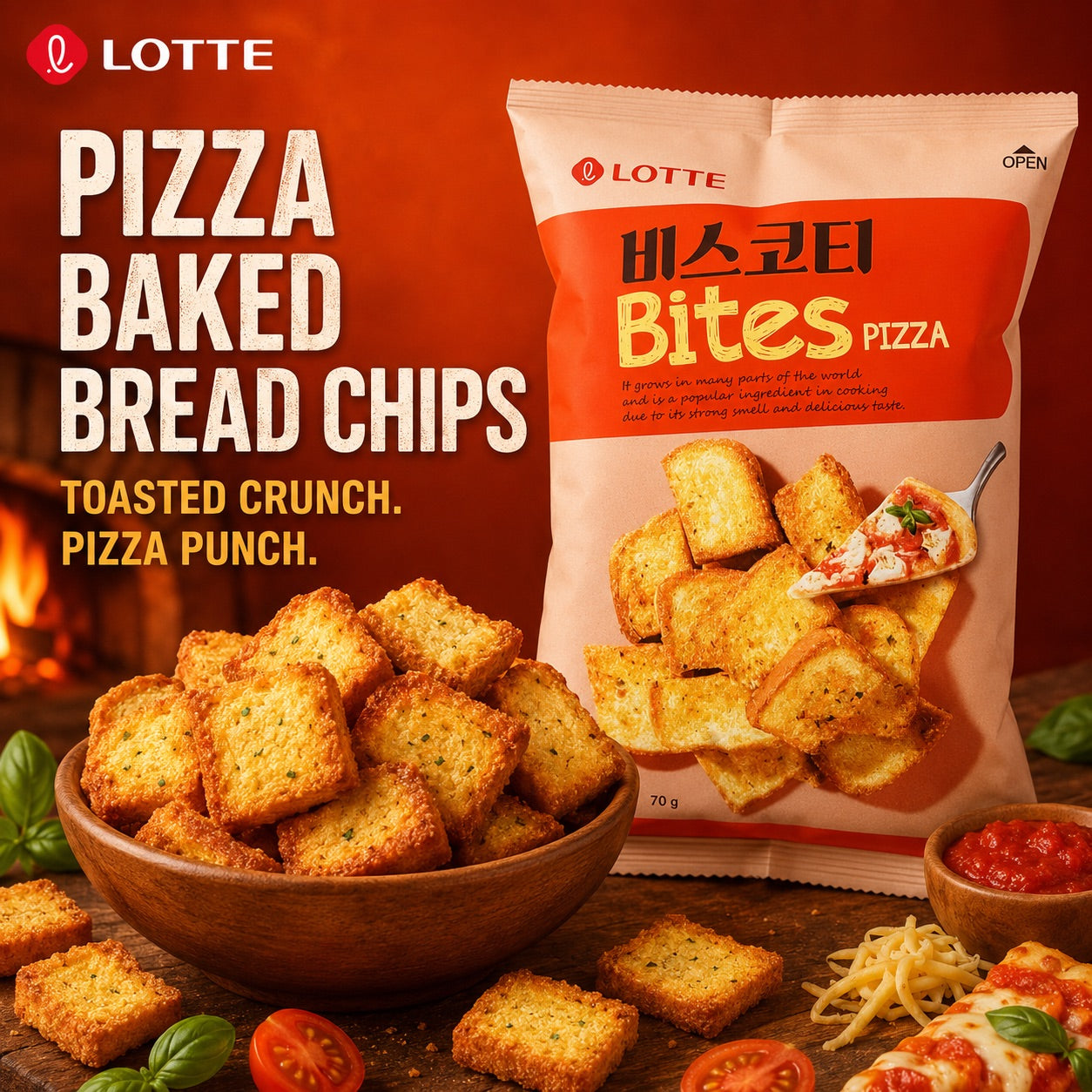 Lotte Pizza‑Flavored Baked Bread Chips 70g pizza‑flavor crispy baked snacks