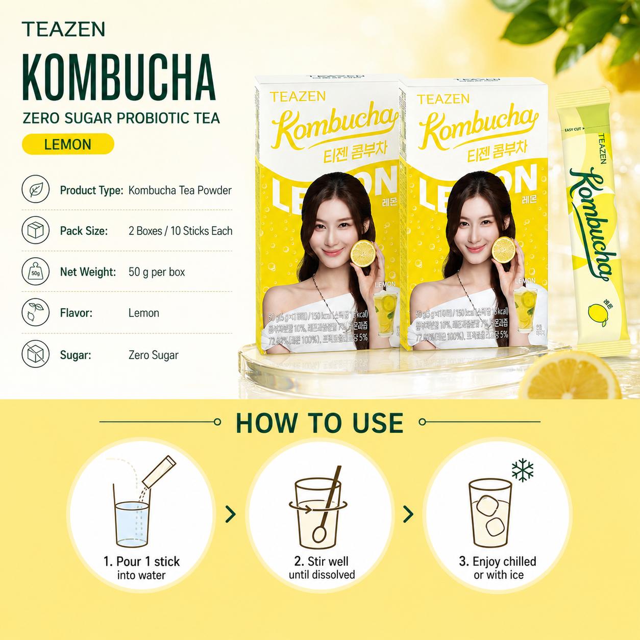 Teazen Lemon Kombucha Zero Sugar Probiotic Tea 10 Sticks Each 2 Boxes