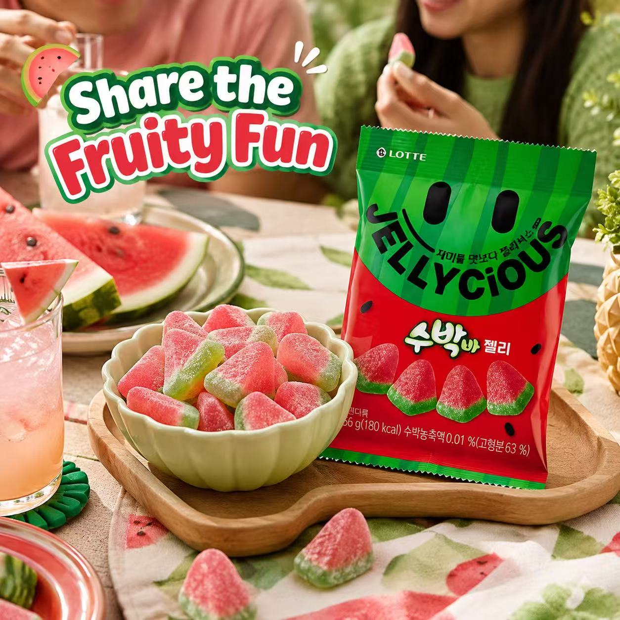 Lotte Watermelon Flavored Soft Candies 56g | Sweet Juicy Taste, Elastic Chewy Texture, Handy Small Pack