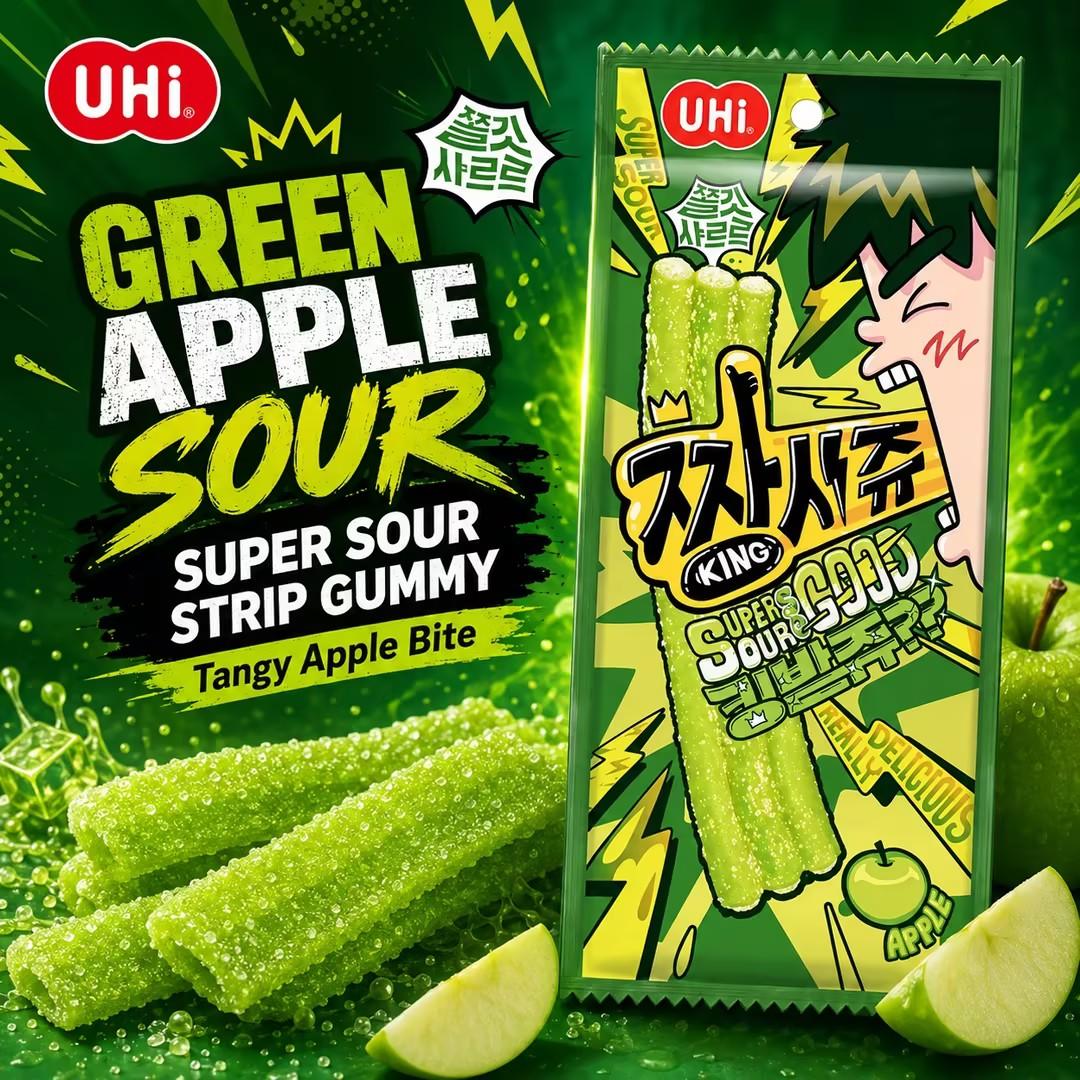 YEM Green Apple Sour Strip Gummy Candy*2pcs | Sour sweet green apple taste, chewy soft texture, sour sugar coating outside