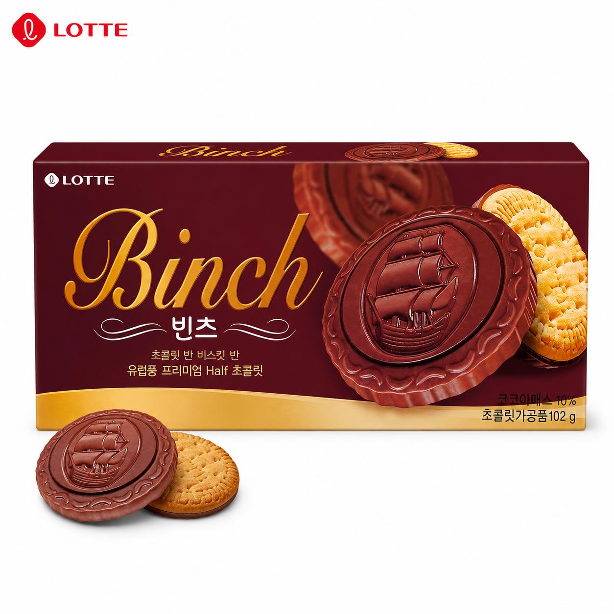 Lotte Binch Compound Chocolate Biscuits 102g | Crispy Biscuit Texture, Rich Chocolate Flavor, Convenient Snack