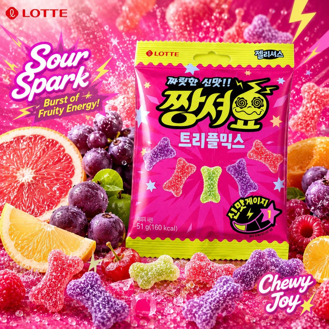 Lotte Sour Gummy Candy 51g | Chewy bouncy texture, tangy sour fruity flavor, refreshing taste