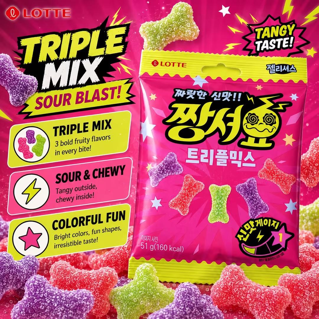 Lotte Sour Gummy Candy 51g | Chewy bouncy texture, tangy sour fruity flavor, refreshing taste