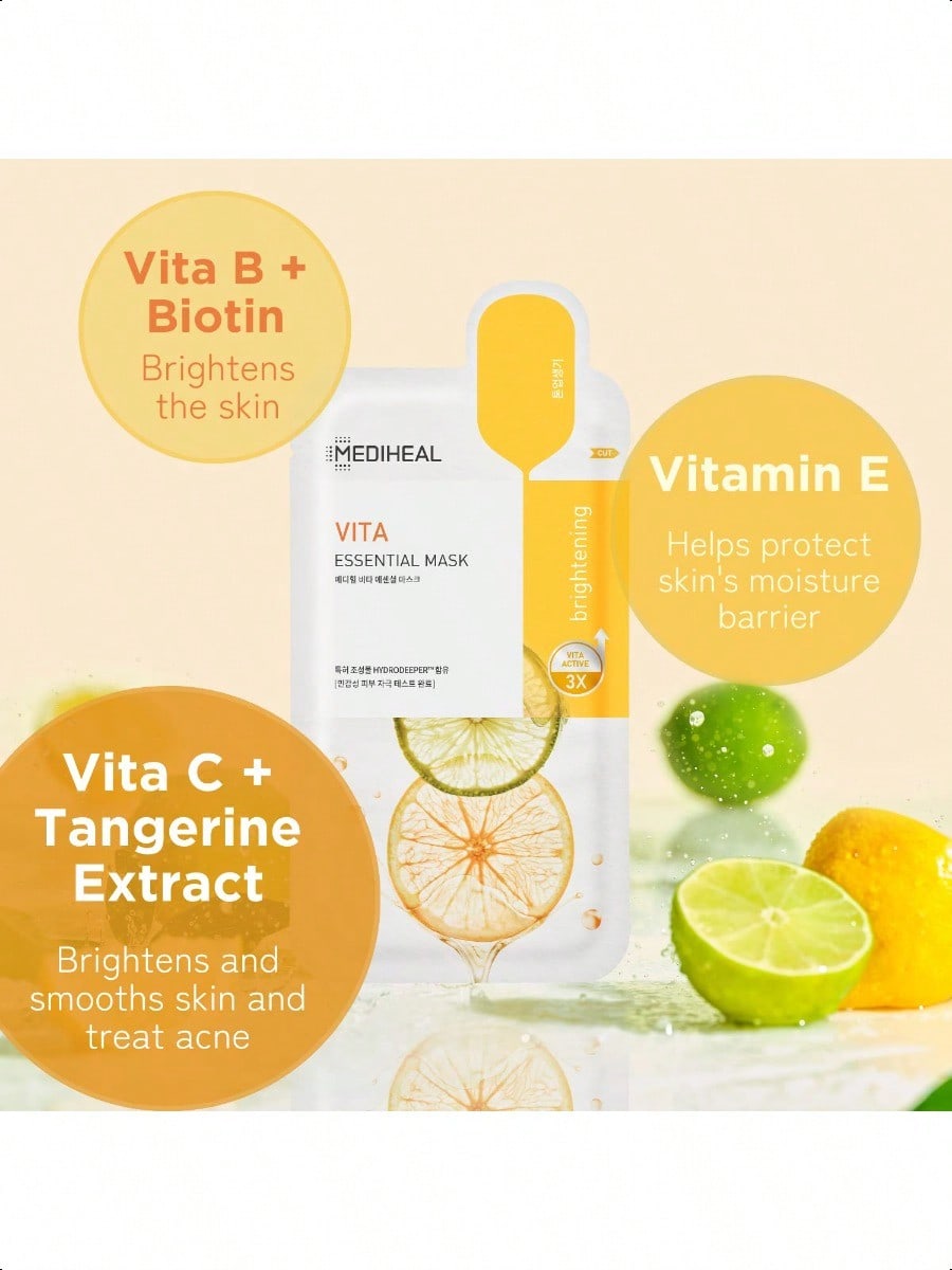 MEDIHEAL Best Korean Sheet Mask - Vita Essential Face Mask 10 Sheets Vitamin Mask For All Skin Types Smoothing Tightening Toning Up Brightening