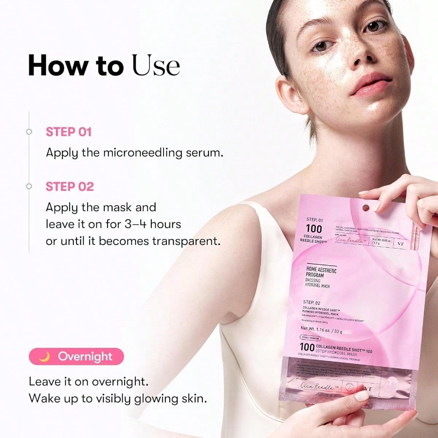 VT  COSMETICS Collagen Reedle Shot 100 2-Step Hydrogel Mask(34.5gx4ea), Intensive Firming, Exosome 500Da Collagen, Fine Lines, Overnight Melting Mask, Korean Facial Mask, Pink Collagen