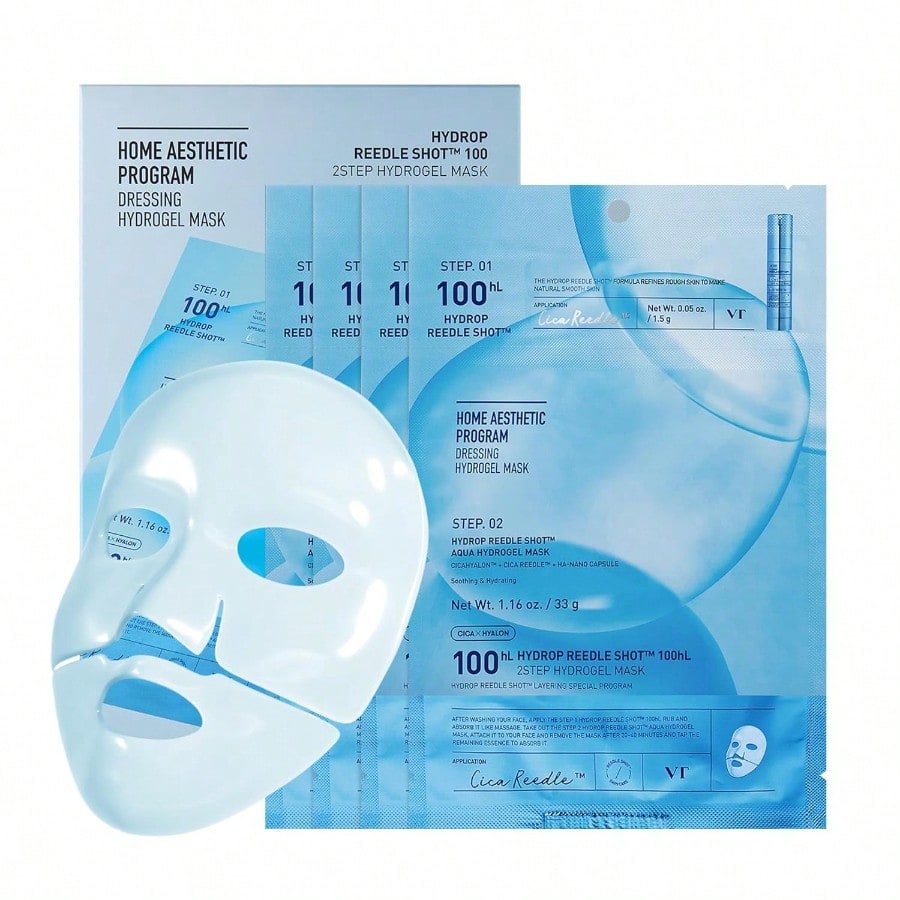 VT  COSMETICS Collagen Reedle Shot 100 2-Step Hydrogel Mask(34.5gx4ea), Intensive Firming, Exosome 500Da Collagen, Fine Lines, Overnight Melting Mask, Korean Facial Mask, Pink Collagen
