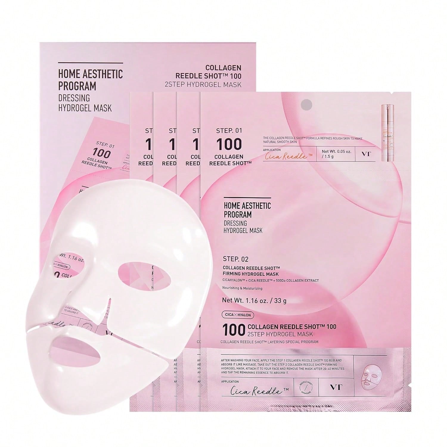 VT  COSMETICS Collagen Reedle Shot 100 2-Step Hydrogel Mask(34.5gx4ea), Intensive Firming, Exosome 500Da Collagen, Fine Lines, Overnight Melting Mask, Korean Facial Mask, Pink Collagen
