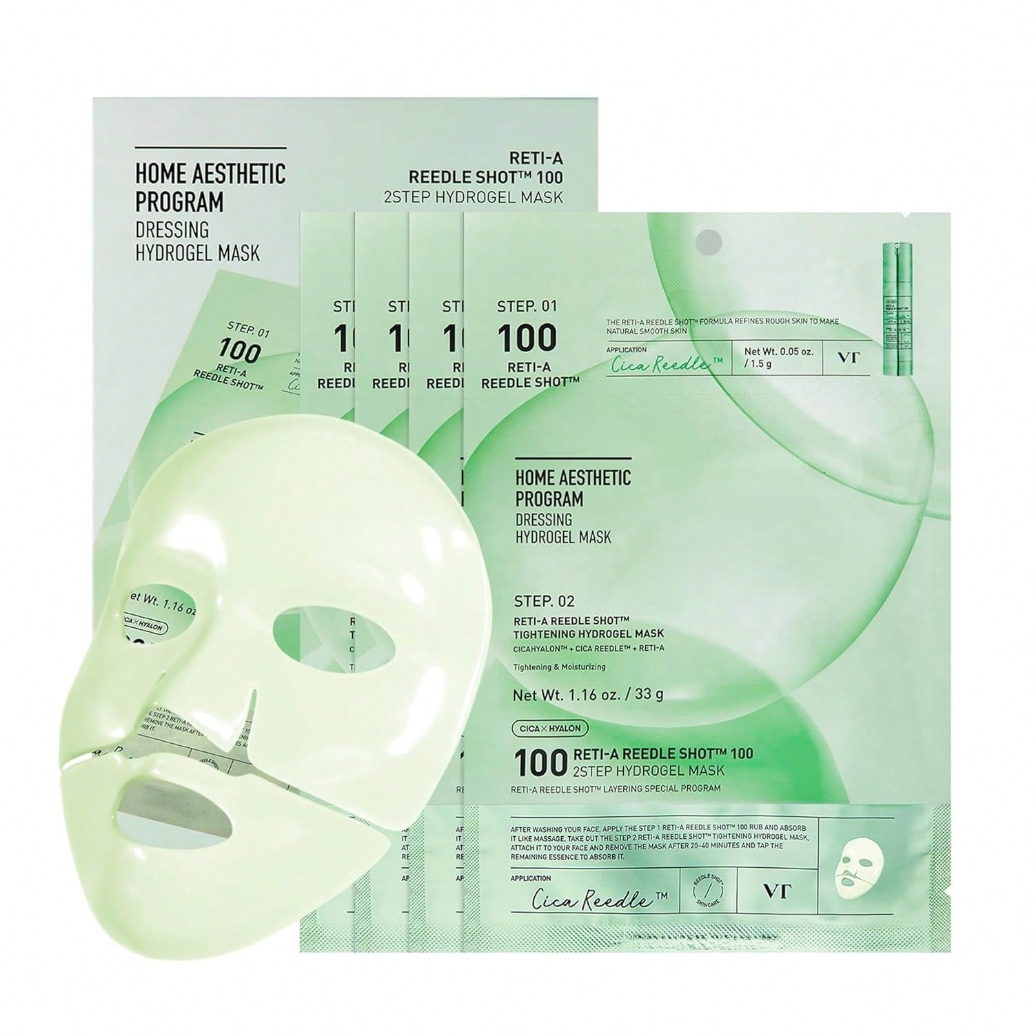 VT  COSMETICS Collagen Reedle Shot 100 2-Step Hydrogel Mask(34.5gx4ea), Intensive Firming, Exosome 500Da Collagen, Fine Lines, Overnight Melting Mask, Korean Facial Mask, Pink Collagen
