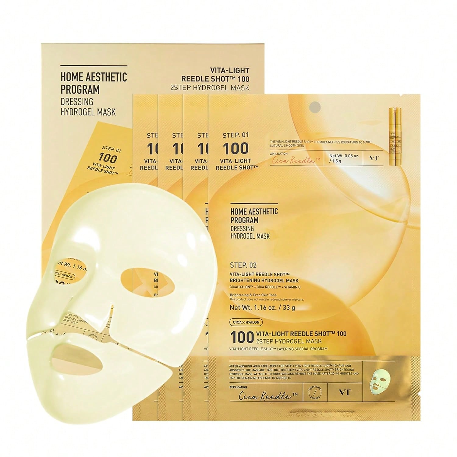 VT  COSMETICS Collagen Reedle Shot 100 2-Step Hydrogel Mask(34.5gx4ea), Intensive Firming, Exosome 500Da Collagen, Fine Lines, Overnight Melting Mask, Korean Facial Mask, Pink Collagen