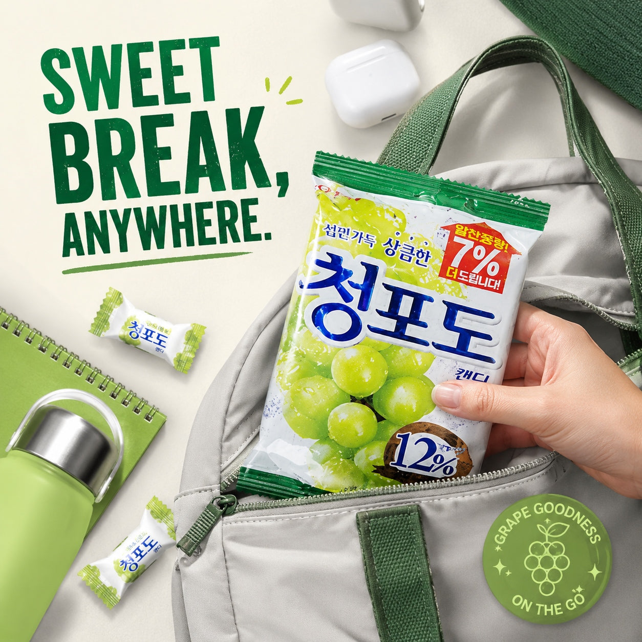 Lotte Green Grape Flavored Hard Candies 153g | Rich Green Grape Flavor, Sweet Taste, Convenient Snack