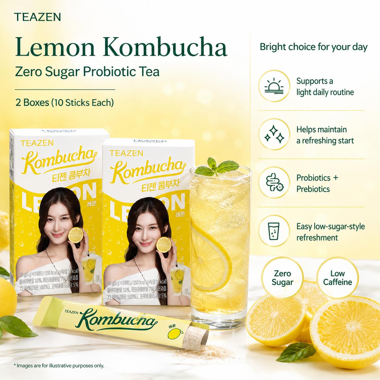 Teazen Lemon Kombucha Zero Sugar Probiotic Tea 10 Sticks Each 2 Boxes