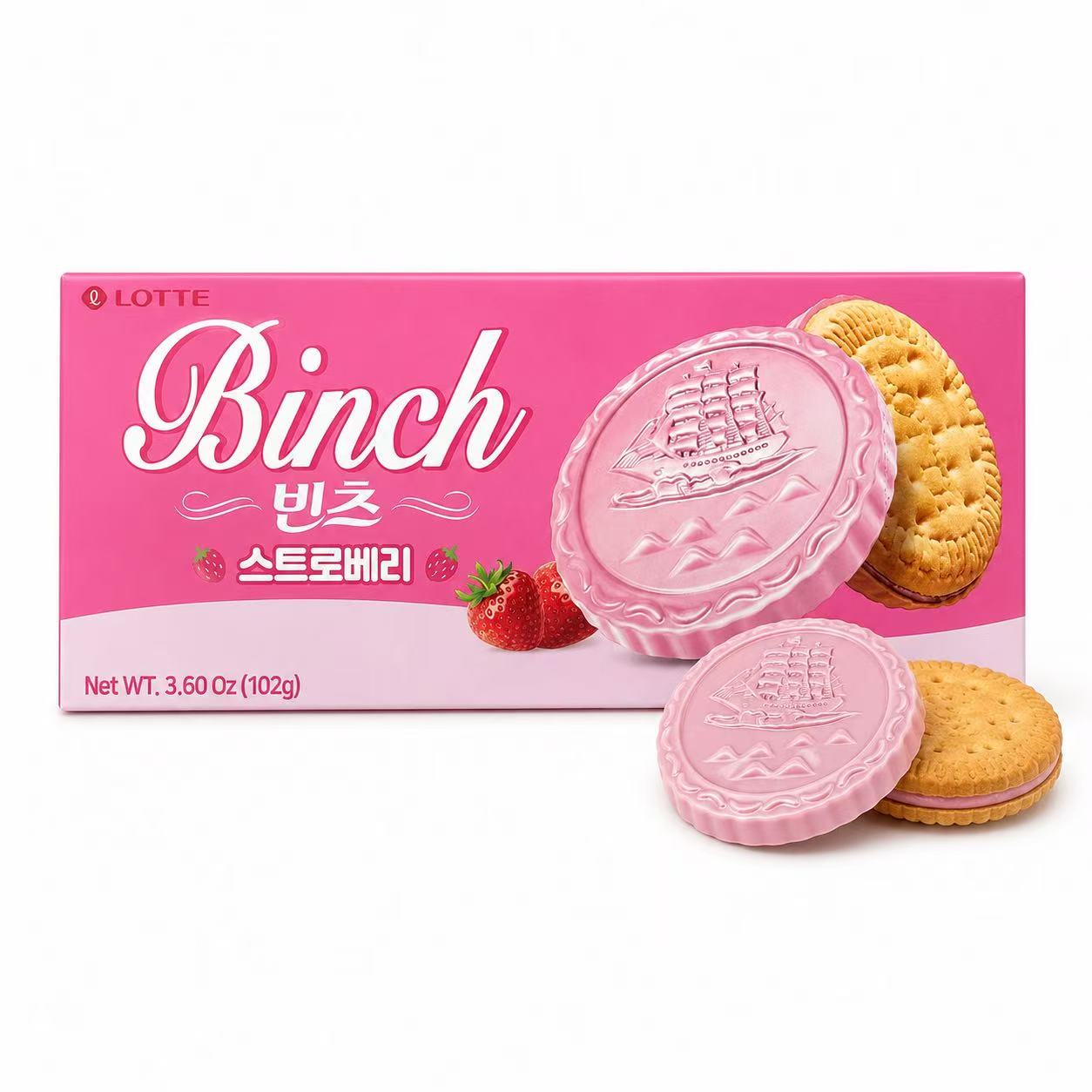 Lotte Binch Strawberry Compound Chocolate Biscuits 102g | Silky Strawberry Coating, Crispy Buttery Biscuit, Individually Packed