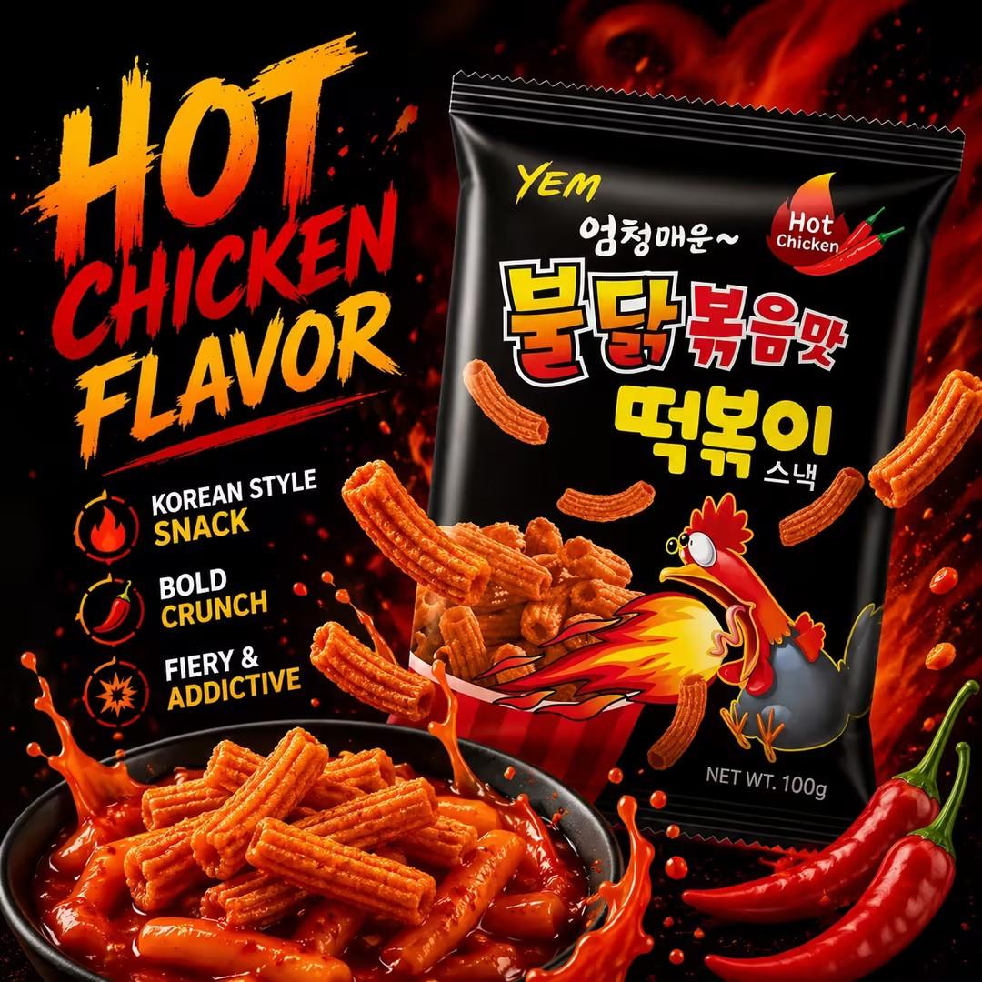 YEM Spicy Chicken Rice Cake Strips Snack 100g | Rich spicy chicken flavor, crispy puffed texture, chewy strip shape