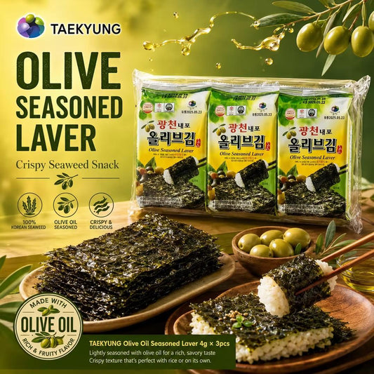TAEKYUNG Olive Oil Seasoned Laver 4g*3pcs | Rich olive oil aroma, thin crisp texture, mild savory seaweed taste