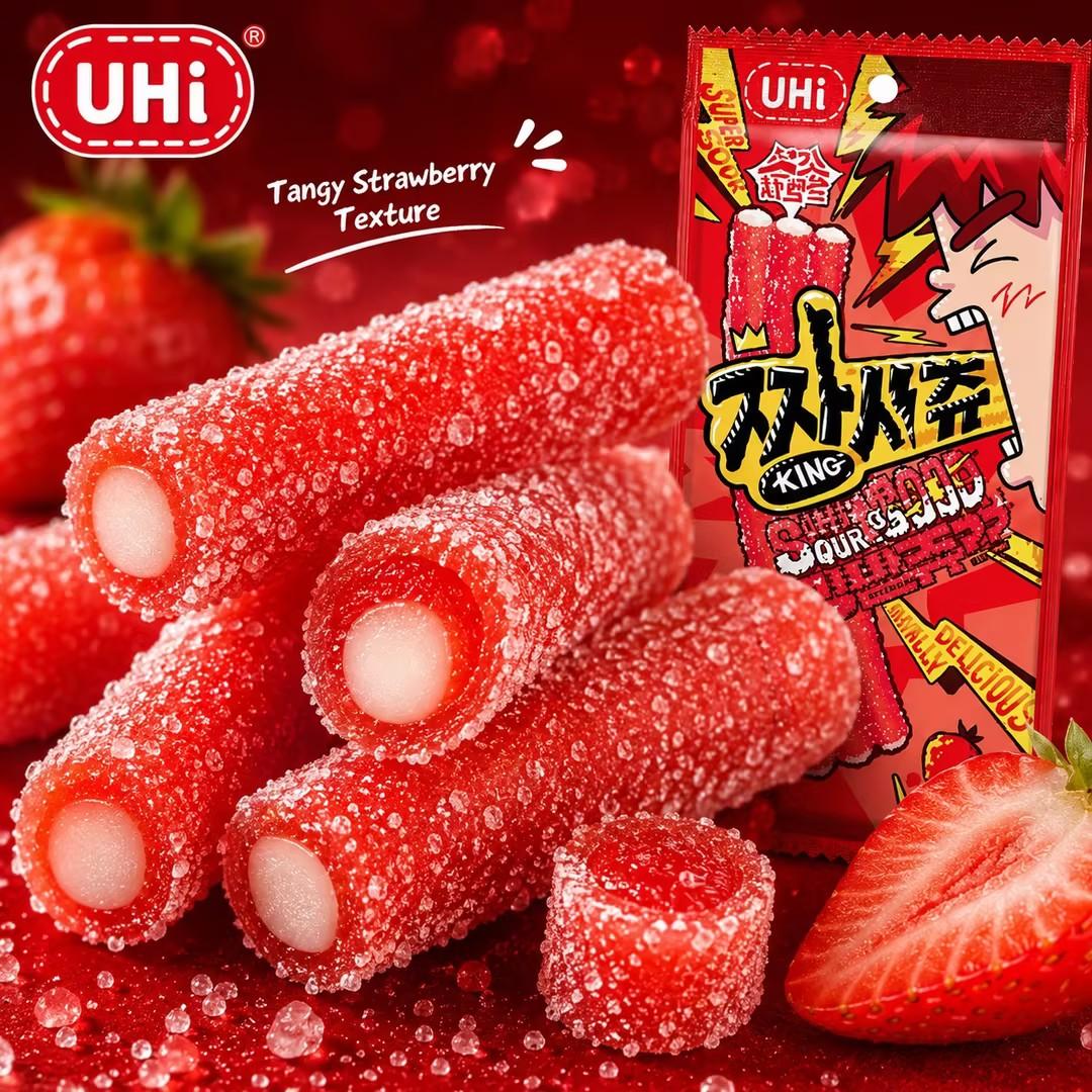 YEM Strawberry Sour Strip Gummy Candy 2pcs | Sour-sweet strawberry flavor, chewy texture, sour sugar outer coating