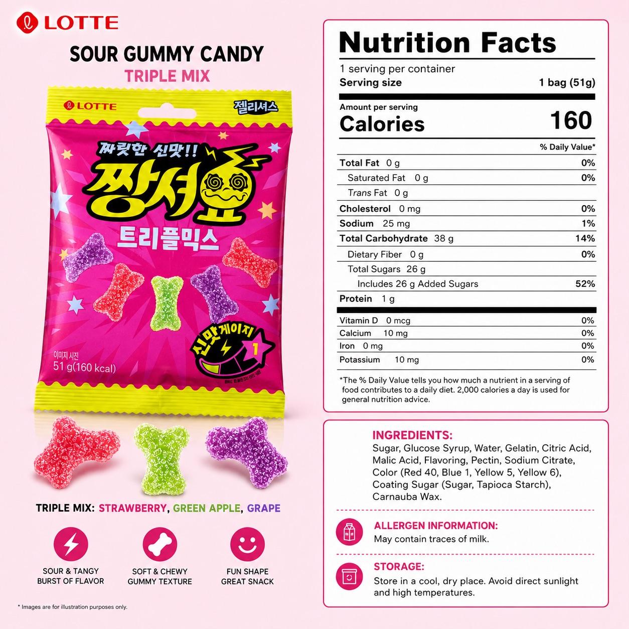 Lotte Sour Gummy Candy 51g | Chewy bouncy texture, tangy sour fruity flavor, refreshing taste