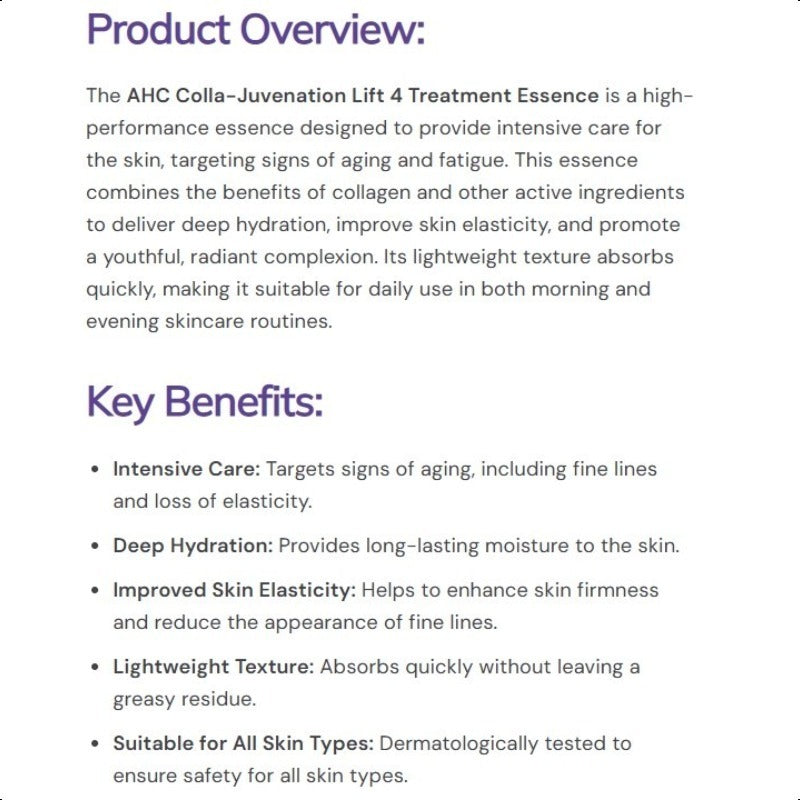 AHC Colla Juvenation Lift 4 Treatment Essence 130ml Elasticity Toner K-Beauty