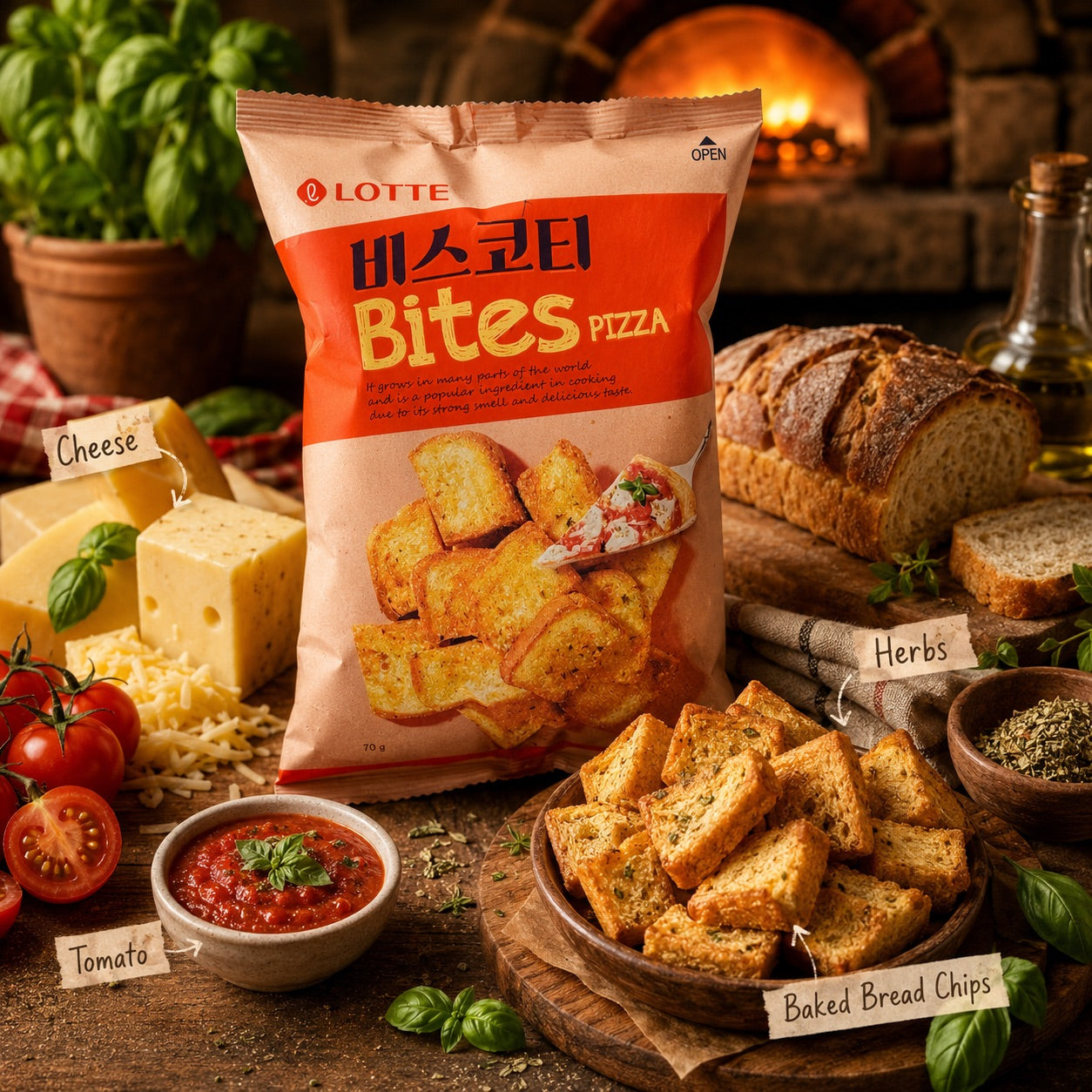 Lotte Pizza‑Flavored Baked Bread Chips 70g pizza‑flavor crispy baked snacks