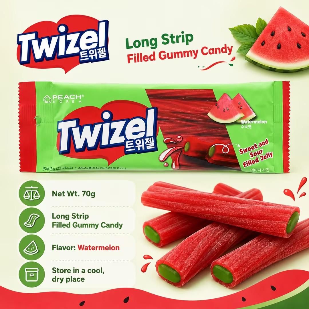 YEM Watermelon Flavored Long Strip Filled Gummy Candy 70g | Fresh juicy watermelon flavor, elastic gummy texture, fruity inner filling