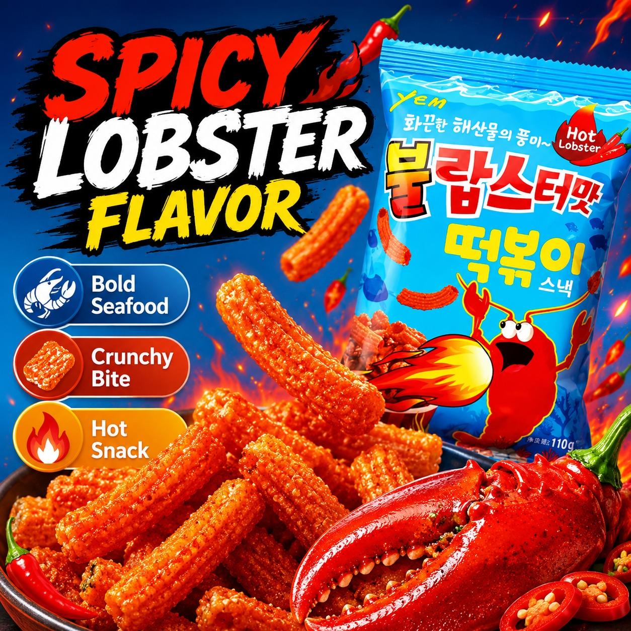 YEM Spicy Lobster Flavor Rice Cake Stick Puffed Snacks 100g | Crispy Crunchy Texture, Spicy Savory Flavor, Convenient Snack