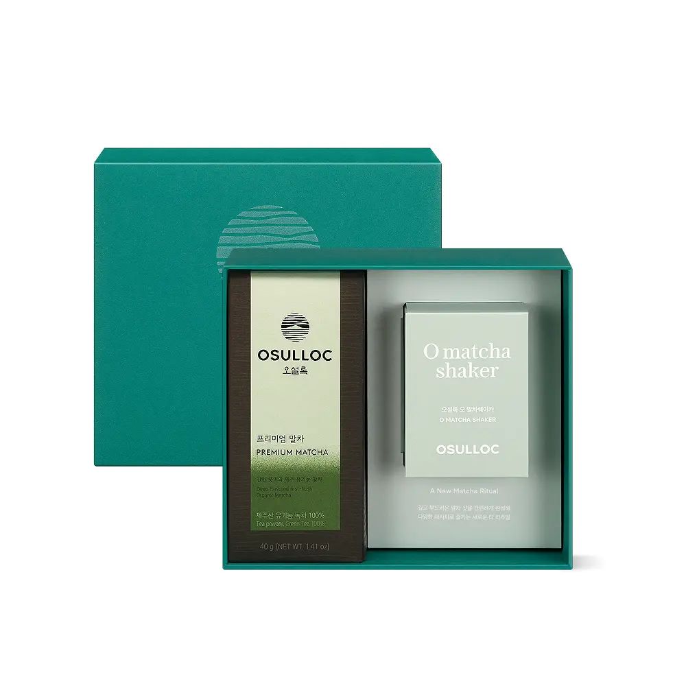 OSULLOC Premium Matcha Gift Set, 40g Jeju Organic Matcha Powder + O Matcha Shaker, Korean Gift Box