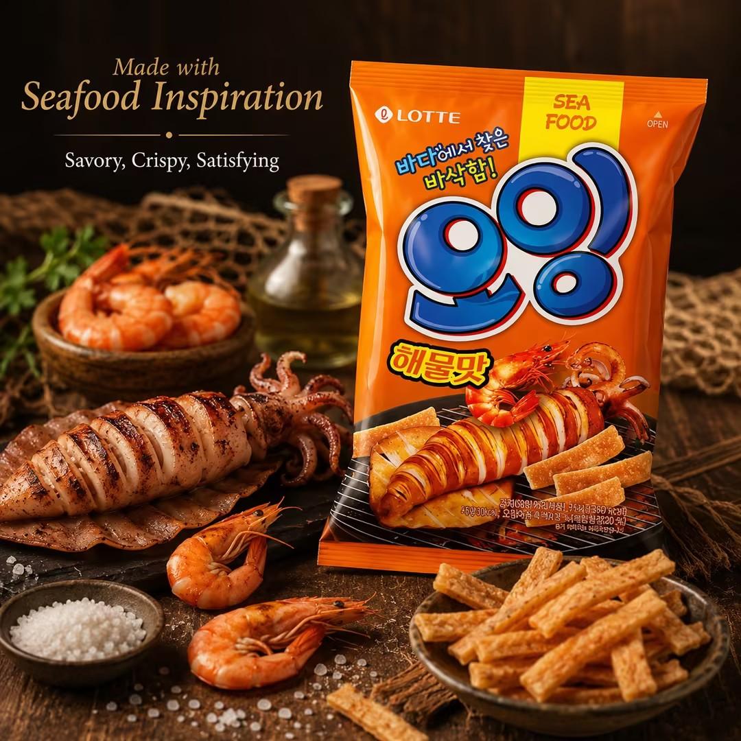 Lotte Squid‑Shrimp Crisp Sticks 75g  Crispy puffed snack with rich umami seafood flavour