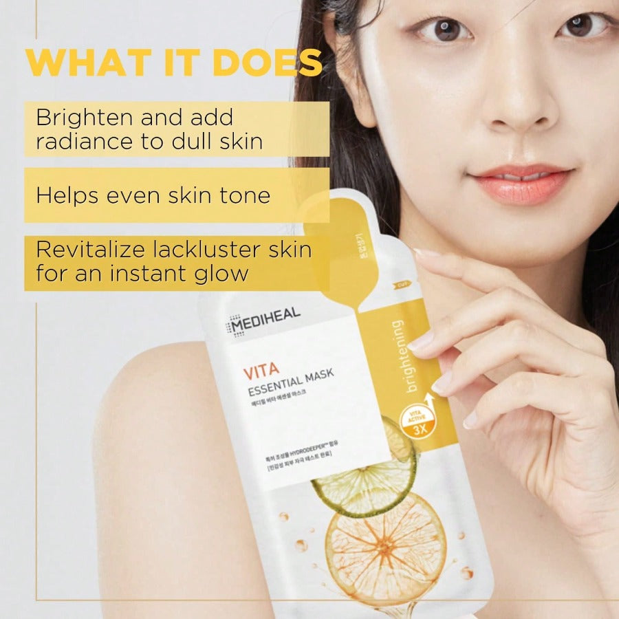 MEDIHEAL Best Korean Sheet Mask - Vita Essential Face Mask 10 Sheets Vitamin Mask For All Skin Types Smoothing Tightening Toning Up Brightening