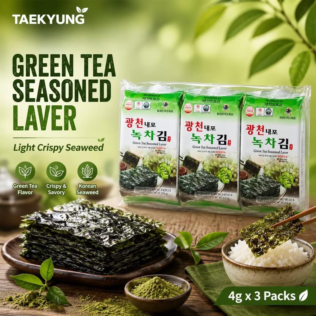 TAEKYUNG Green Tea Seasoned Laver 4g*3pcs | Mild fresh green tea aroma, thin crisp texture, light savory seaweed taste